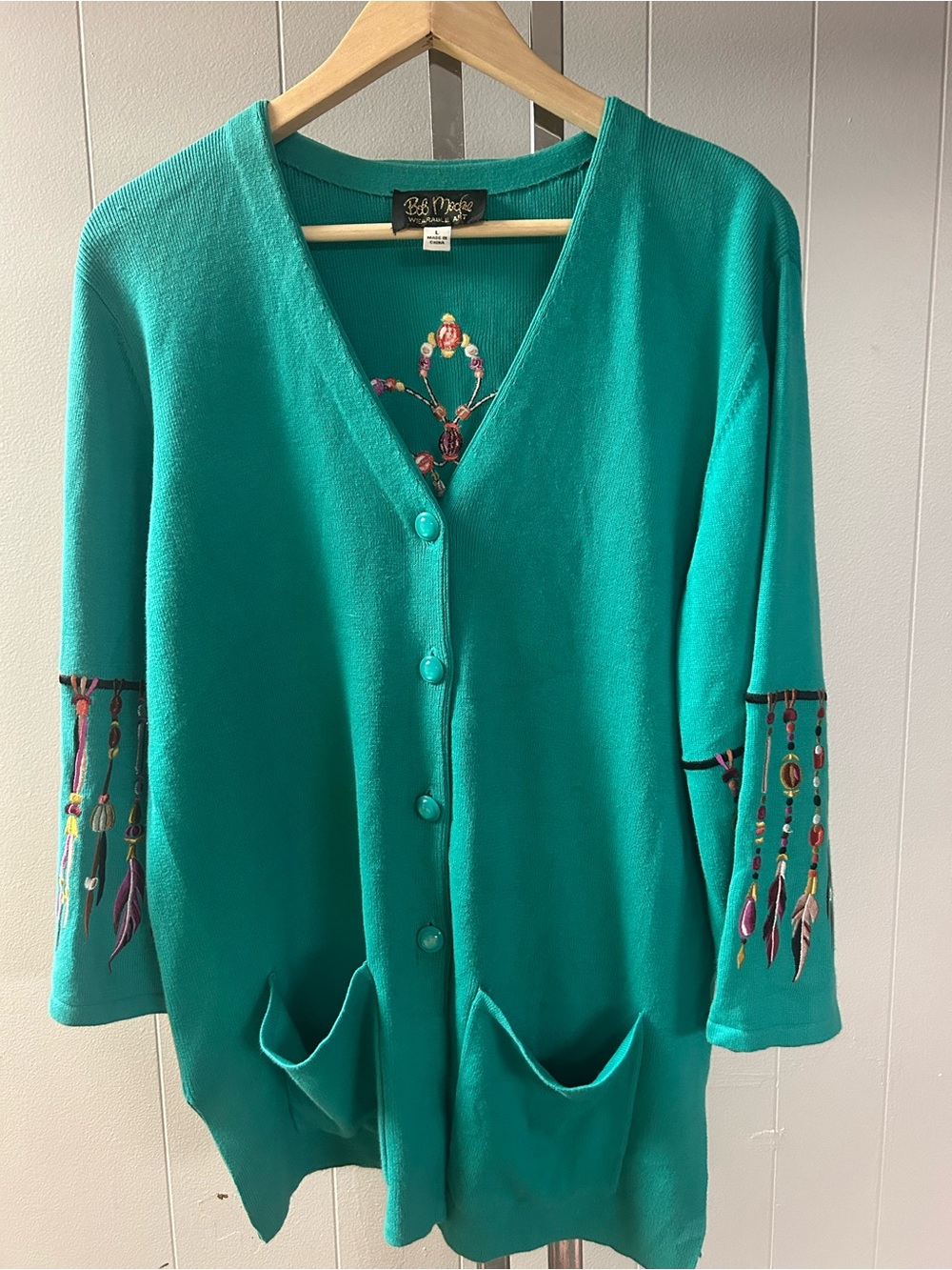 Bob Mackie Wearable Art Green Embroidered cardigan Feathered, and beaded large